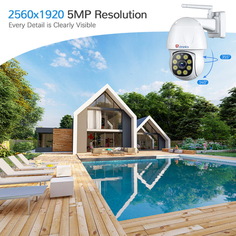 5MP Outdoor Security Camera Ctronics 2560x1920 PTZ Wi-Fi Surveillance Camera Dome IP Camera